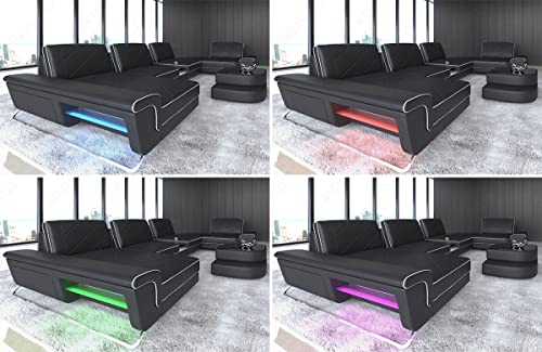 XXL Sofa Wohnlandschaft Bari in Leder Sofa mit USB-Anschluss Kopfstützen LED-Licht Ledersofa Designersofa Couch (Ottomane Links (auf Sofa blickend), Weiss)