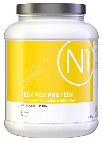 N1 Vegan Protein Eiweißpulver 1kg Dose [100% Pflanzlich] Protein Pulver Vanille - Eiweiß Muskelaufbau, Eiweißpulver zum Backen, Mehrkomponenten Protein, Whey Protein vegan, Eiweiss Shake, Proteine