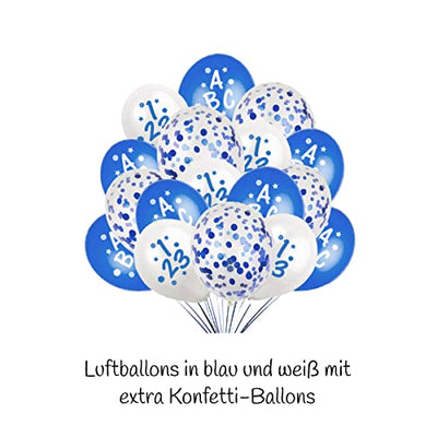 XXL Deko Set zur Einschulung/Schulanfang/Erster Schultag für Jungs | Girlande + XXL Folienluftballons + 25 Luftballons + Buchstaben-Konfetti