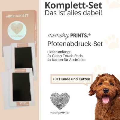 memoryPRINTS.® Pfotenabdruck-Set | für Hund und Katze | Tintenfreie Pfoten | Geschenk Haustier Besitzer | Stempelkissen Abdruck ohne Kontakt