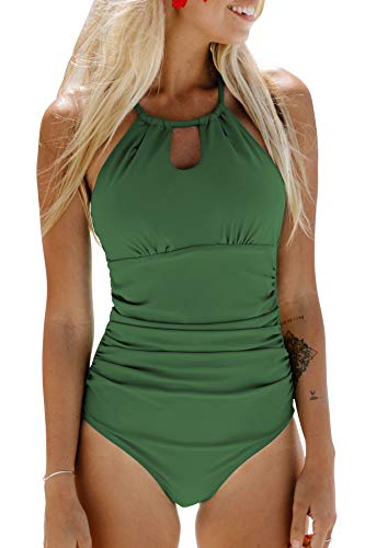 CUPSHE Damen Badeanzug mit Zierausschnitt Raffung Bauchweg Strandmode High Neck Einteilige Bademode Swimsuit Grün XXL