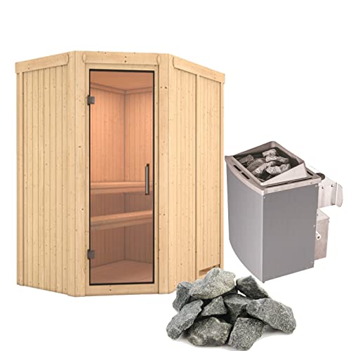 HORI® Traditionelle Sauna Ecksauna mit Ofen | 9,0 kW Finnish + int. Strg I 196 x 151 cm - Mynte