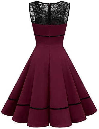 Bbonlinedress Weihnachtskleid Damen Winterkleid Abendkleider elegant für Hochzeit Jugendweihe Kleider Spitzenkleid Vintage Kleider Cocktailkleid Konfirmationskleider Burgundy XS