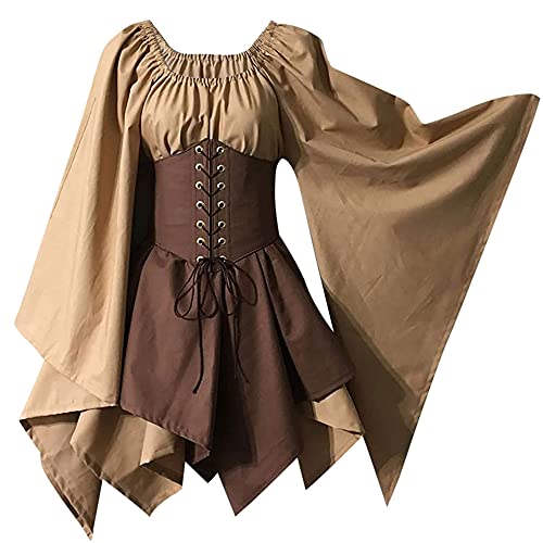 wuchun Damen Kurzes Mittelalter Renaissance Kleid Gothic Kostüm Korsett Flare Langarm Retro Kleider Halloween Cosplay, Khaki