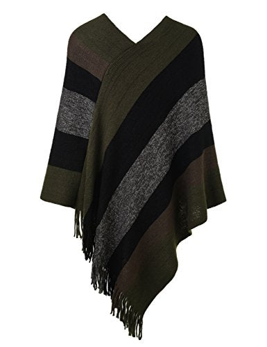 Ferand Gestreift Gestrickter Poncho Schal im Wickeldesign mit gefransten Seiten für Frauen, Grün & Schwarz