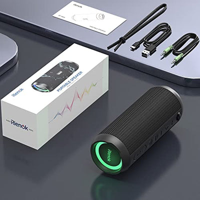 RIENOK Bluetooth Lautsprecher mit Licht Bluetooth 5.3 Musikbox Bass Kabellos Box mit IPX7 wasserdicht 30W Stereo Sound Tragbar