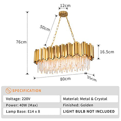 Modern Kristall Pendelleuchte Gold Kronleuchter, Rund Kristall Hängeleuchte, Häengelampe für Wohnzimmer, Esszimmer, Schlafzimmer, Restaurant, E14 x 8,  80 x 35 cm