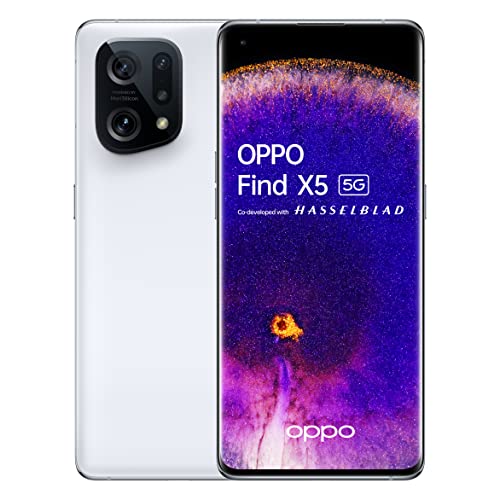 OPPO Find X5 5G Smartphone, Snapdragon 888, 6,55 Zoll AMOLED FHD+ 120Hz, 50MP+50MP+13MP 4K Ultra Night Video, RAM 8GB + ROM 256GB, 4800mAh 80W Supervooc & 30W Airvooc, IP54K [UK Version Version], Weiß