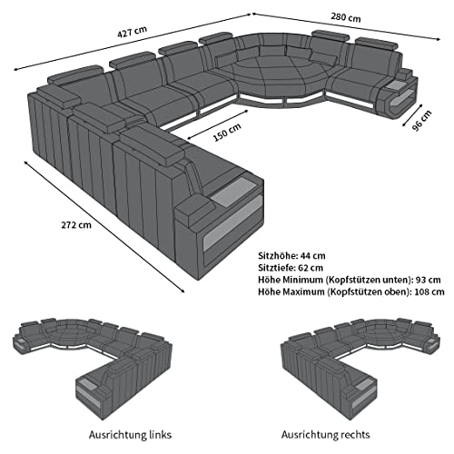 Leder Wohnlandschaft Asti Sofa U Form mit LED Beleuchtung Kopfstützen Designersofa Couch (große Ecke rechts, Dunkelbraun-Weiß)