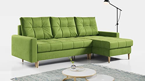 MKS MEBLE Ecksofa Wohnzimmer - Wohnlandschaft - L-Form Couch mit Schlaffunktion - Bettsofa - Wohnzimmer L Couch - Polstersofa mit Bettkasten - Astra Grün