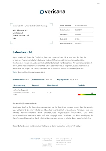 Verisana Bacteroides-zu-Firmicutes Verhältnis Test – Erhöhte Firmicutes-Werte können Hinweise zu Gewichtsproblemen & Übergewicht geben – Stuhluntersuchung zur Darmflora