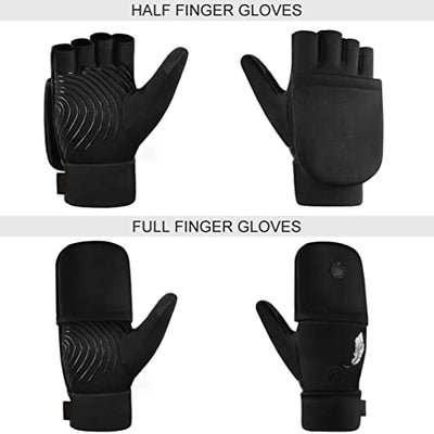 Halbfinger Flip Damen Thermo Fahrradhandschuh - Sport Outdoor Winddicht handschuh Wasserdicht mit Touch Screen Winterhandschuh Warm Running Handschuh für Fahrrad Ski Arbeits Fußball Motorrad Schwarz M