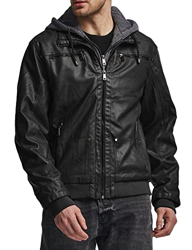 Wantdo Herren Jacke Winter Warm Jacke Lederjacke Gefuettert Winter Kunstleder Jacke Schwarz-Verdicken S