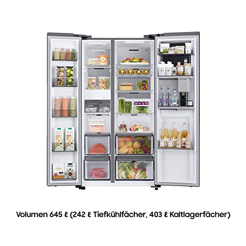 Samsung RH69B8941S9/EG Side-by-Side Kühlschrank, 178 cm, 645 ℓ, Beverage Center, Dual Ice Maker, Metal Cooling, Twin Cooling+, No Frost+, Frischwasseranschluss, Edelstahl Look