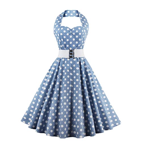 Damen Polka Dots Cocktail Abendkleid A-Linie Neckholder 1950er Jahre Vintage Retro Swing Kleid Ärmelloses Rockabilly Hochzeitskleid Knielang Ballkleid