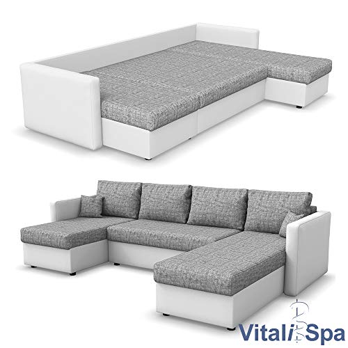 VitaliSpa Wohnlandschaft King Size 290 x 140 cm Weiß Grau - Sofa mit Schlaffunktion Schlafsofa Couch Bettfunktion Taschenfederkern Polsterecke