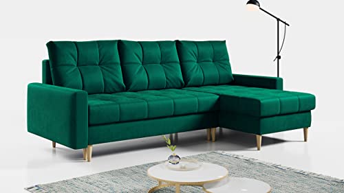 MKS MEBLE Ecksofa Wohnzimmer - Wohnlandschaft - L-Form Couch mit Schlaffunktion - Bettsofa - Wohnzimmer L Couch - Polstersofa mit Bettkasten - Astra Dunkelgrün