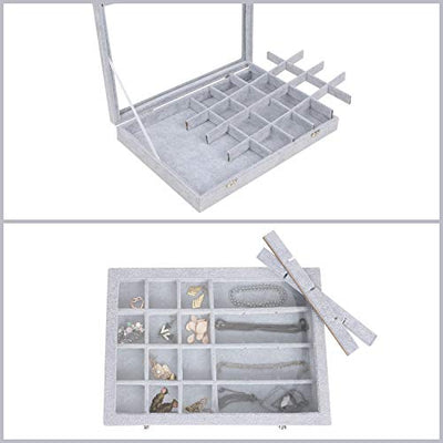 Belle Vous Jewelry Organizer Schmuckkasten Grau, Samt Box Glas Deckel & 24 Fächer – Schmuckaufbewahrung Stapelbar Schmuckschatulle Schubladen Verstellbar für Ringe, Ketten, Armband, Ohrringe, Uhren