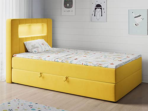 MKS MEBLE Kinderbett mit Led - Polsterbett Gold JUNIOR1 - Jugendbett Funktionsbett Led Bett Boxspringbetten für Kinderzimmer, Jugendzimmer - 90x200 Gelb