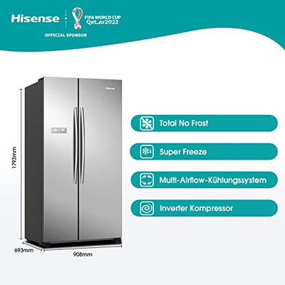 Hisense RS741N4AC3 Side-by-Side Kühl-Gefrierkombination/ NoFrostPlus/ Inverter-Kompressor/ FastFreeze/ HolidayMode/ 179,3 cm/ Kühlteil 372 l/ Gefrierteil 208 l/ 41 dB/ 265 kWh/ Jahr/ Inox-Look