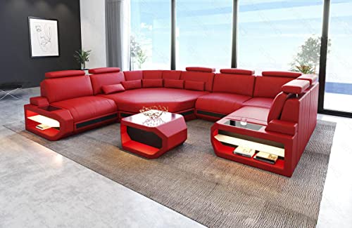 Wohnlandschaft Asti Mini Ledersofa Couch in Leder - Sofa mit USB und Kopfstützen (Große Ecke Links (auf Sofa blickend), Rot-Schwarz)