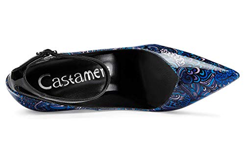 Castamere Damen Mode Ankle-Strap High Heels Pumps Spitzen Zehen Elegant Stilettos 12CM Heel Shoes Blau Mehrfarbig Lackleder Schuhe EU 40.5