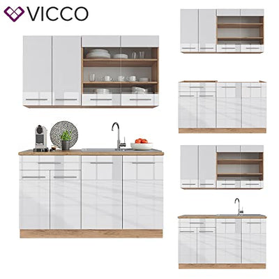 Vicco Küchenzeile Küchenblock Einbauküche Fame-Line Single 140 cm modern Küchen Schränke Spülenunterschrank Schubunterschrank Hängeschrank Hängeglasschrank Hochglanz (Eiche-Weiß Hochglanz)