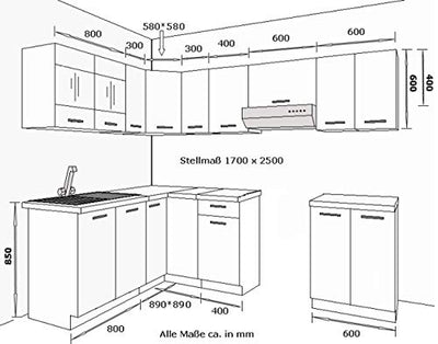 Eckküche Küche Omega 170x250 cm Küchenzeile Küchenblock Winkelküche Schwarz Weiß