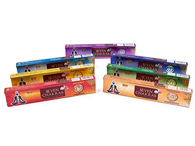 Räucherstäbchen Set 7 Chakren, indische Premium Masala Stäbchen, 7 Sorten Muladhara, Swadhisthana, Manipura, Anahata, Vishudha, Ajna und Sahasra, für Meditation/Yoga, edles Chakra Geschenkset