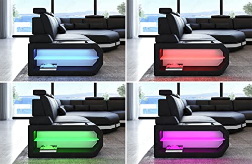 Leder Wohnlandschaft Asti Sofa U Form mit LED Beleuchtung Kopfstützen Designersofa Couch (große Ecke rechts, Dunkelbraun-Weiß)