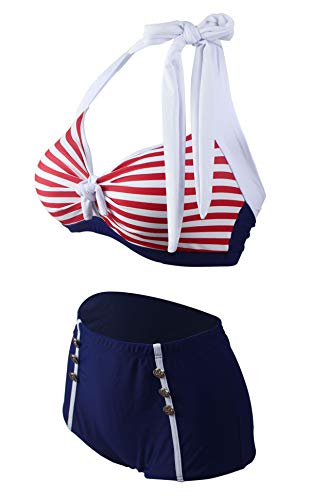 LA ORCHID Laorchid high Waist Bikini Badeanzug bauchweg Damen Zweiteiler bademode Bikini Set Push up Strandmode Neckholder Beachwear Rot S