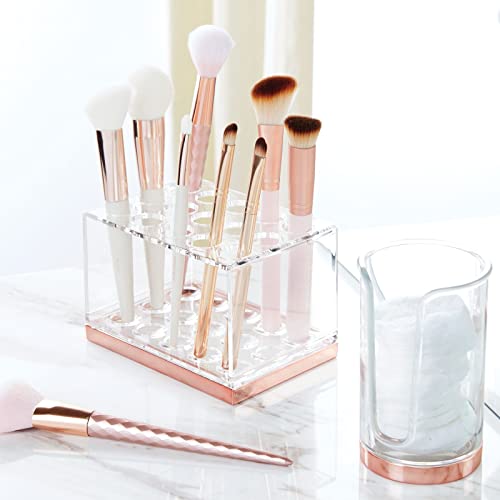 mDesign praktischer Kosmetik Organizer – dekorative Kosmetik Aufbewahrungsbox für Wimperntusche und Lippenstift – Ablage mit 15 Fächern zur Schminkaufbewahrung – durchsichtig und rotgold