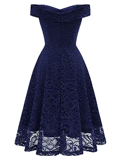 Homrain Damen Elegant Spitzenkleid Schulterfrei Rockabilly Kleid Schwingen Cocktail Abendkleider Brautjungfernkleider für Hochzeit Navy M