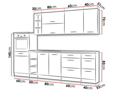 Küche Woodline IV mit Arbeitsplatte und Spühlbecken im Set, Küchenblock/Küchenzeile 9 Schrank-Module frei kombinierbar, Farbauswahl (Eiche Lancelot/Weiß Hochglanz, mit LED Beleuchtung)