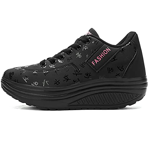 Solshine Damen Fashion Plateau Schnürer Sneakers Dämpfung Keilabsatz Fitnessschuhe 016 Schwarz1 40EU