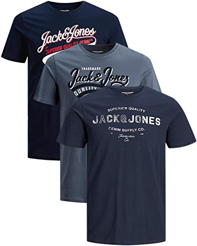 JACK & JONES Herren T Shirt 3er Pack Print Mix Rundhals Tee Regular Slim Fit O Neck Ausschnitt (Slim Fit Mix 11, L)