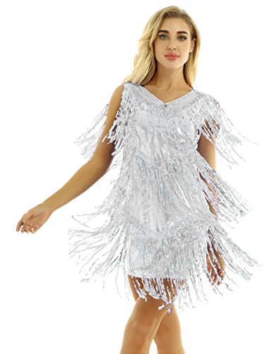 Agoky Damen Ärmellos Pailletten Kleid V-Ausschnitt Glitzer Quasten Partykleid Flapper Kostüm Tanzkleid Samba Tango Latein Outfits Silber M