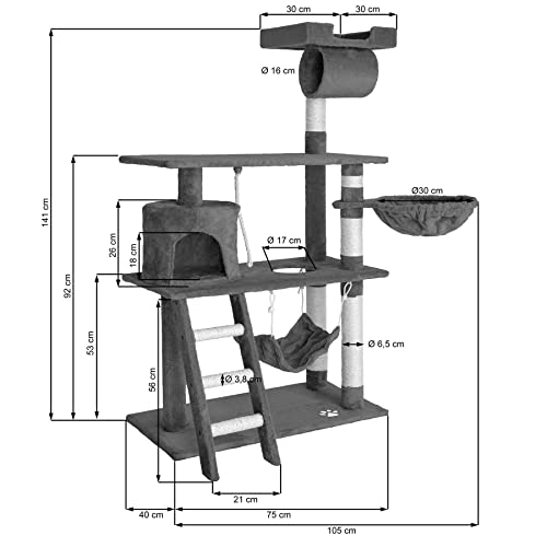 TecTake 800294 Katzen Kratzbaum mit vielen Kuschel- und Spielmöglichkeiten, 141cm hoch, extra breit - Diverse Farben - (Grau | Nr. 401853)