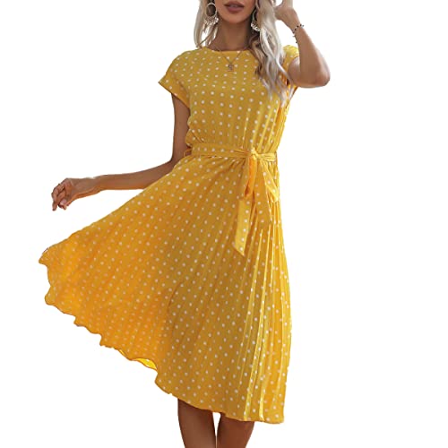 Blooming Beauty Damen Sommerkleid Polka Dots Kurzarm Rundhals Knielang Strandkleid Elegant Casual Lose Cocktail Party Kleider Faltenkleid Freizeitkleid mit Gürtel (Gelb, XXL)