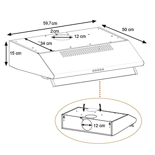 NEG Dunstabzugshaube NEG15-ATRB (schwarz) Edelstahl-Unterbau-Haube (Abluft/Umluft) und LED-Beleuchtung (60cm) Unterschrank- oder Wandanschluss