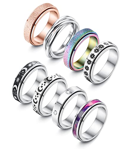 Adramata 8Pcs Fidget Ring für Damen Herren Edelstahl Ringe für Anti Stress Zapple Spinner Band Ringe Set Fidget Anxiety Ring Spinning Angst Ringe für Anti Stress