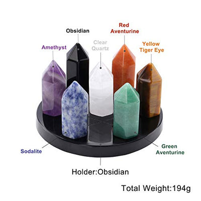 JSDDE 7 Chakra Deko Set Spitze Hexagon Säulen Stein Reiki Energietherapie Obsidian Edelstein Yoga Meditation Feng Shui Qixing Array Dekoration