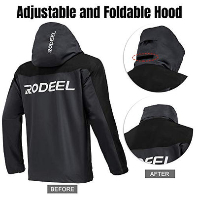 Rodeel Wasserdichte Herrenjacke mit Faltbare Haube und reflektierendes Logo, winddichter Mantel, Windjacke für die Bergjagd im Freien - Grau, L