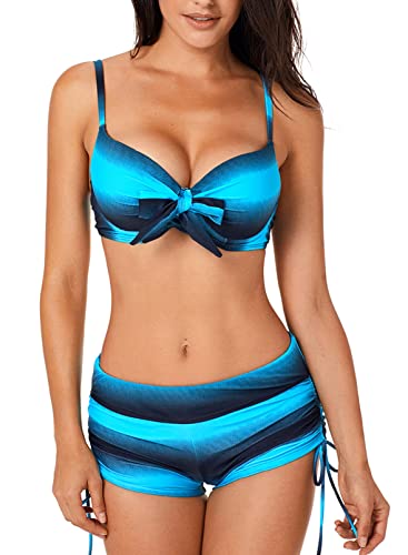 Aleumdr Damen Bikini Set Push Up Badeanzug Damen Zweiteiliger Bademode Bikini Sportlich Tankini Set Bauchweg Badeanzüge Bikini Top mit High Waist Badeshorts, Blau XXL