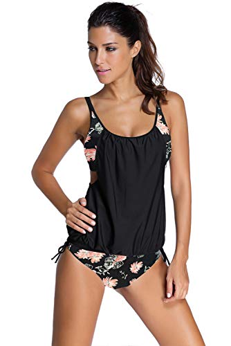 Aleumdr Tankini Set Damen Badeanzug Bauchweg Tankini Damen Push up mit Bügel Tankinis für Damen Tankini Oberteil mit Badeshorts Zweiteiler Bademode Bikini Set High Waist Beachwear Swimsuits Schwarz M