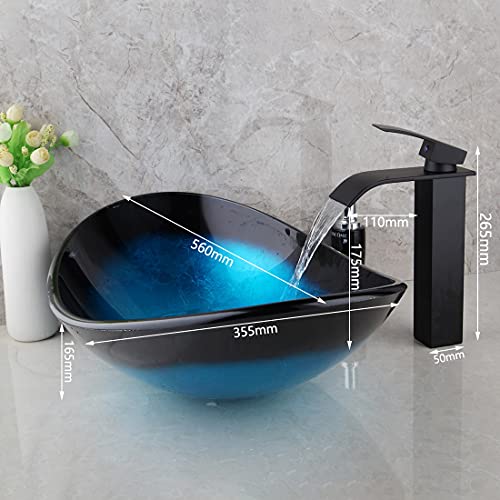 YFQHDD Gehärtetes Glas Handgemalte Wasserfall Sput Basin Black Tap Badezimmer Waschbecken Waschbecken Bad Messing Set Wasserhahn Mischer Taps