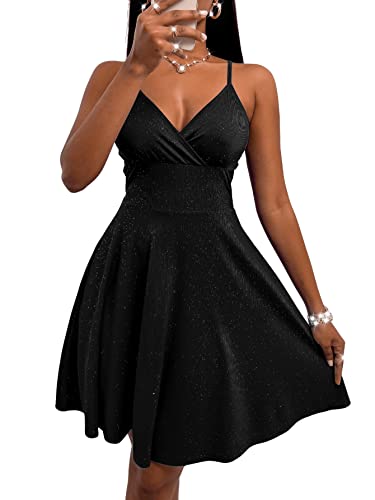 SheIn Damen Elegant Kleid Ohne Ärmel Skaterkleid A Linie Partykleid Vintage Kurz Cocktailkleid Träger Freizeitkleid mit V Ausschnitt Schwarz M