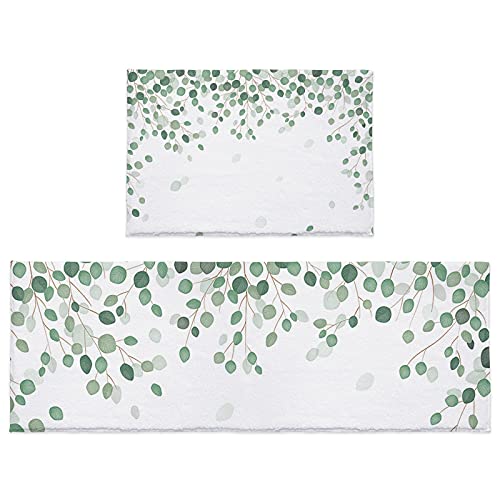 2-teiliges Badematten-Set Aquarell Eukalyptus Badezimmer Bodenmatte Runde Blätter Äste saugfähig rutschfest Badematten Sets mit Läufer Küche Fußmatte Teppich 60 x 90 cm + 60 x 180 cm