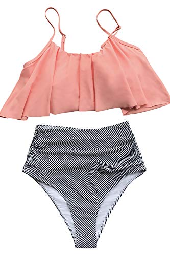 CUPSHE Damen Bikini Set Falbala Rüschen High Waist Bauchweg Bademode Zweiteiliger Badeanzug Rosa L