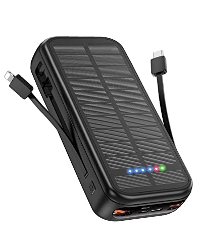 Solar Powerbank 30000mAh 20W Schnelles Aufladen Externe Akkus Power bank USB C Tragbares Ladegerät Outdoor 5 Ausgängen und 4 Eingängen Powerbank mit Kabel für iPhone Samsung Huawei Xiaomi Oppo Schwarz